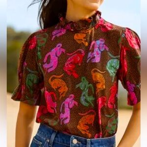 Colorful Patterned Women's Blouse ruffles neck M